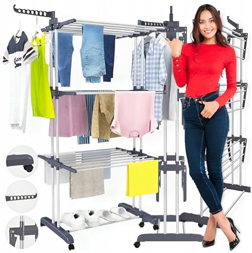 MTEC Wäscheständer Wäschetrockner Turm mit Rollen, Platzsparender - mit 6 Klappbare Flügel und 2 Drehbar Seitenflügel, Edelstahl Standtrockner Wäscheturm für Innen und Außen, Grau