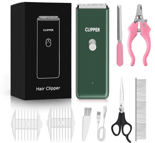Dog Grooming Kit Electric Low Noise Pet Paw Trimmer with 9-Pieces, Green | Cordless Dog Cat Clippers for Home Hair Grooming, Waterproof Pet Grooming Tools with 9-Pieces,R-Sharped Ceramic Blade,6000rpm
