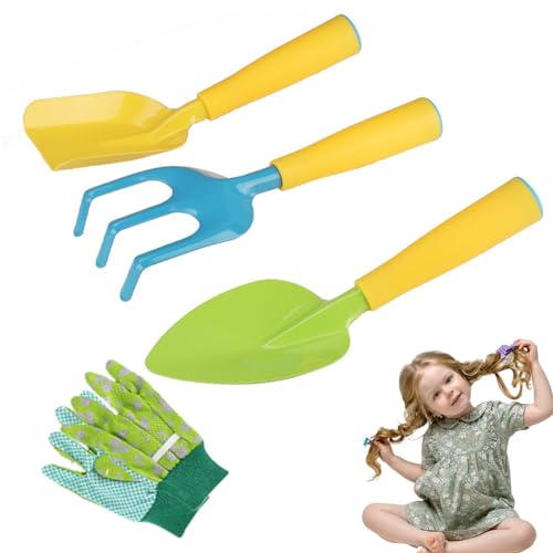 Kinder-Gartenset, Kinder-Gartengeräte, 4-teiliges Set, ergonomisches Mini-Gartenset für Kleinkinder, tragbar, lebendige, abgerundete Ecken, pädagogische Kinder-Gartengeräte für den Außenbereich