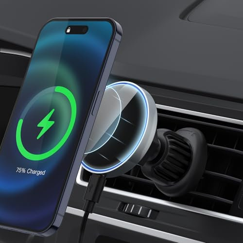 YLK 15W Cargador Inalambrico Coche Magnético, Cargador Coche con mag-Safe, Soporte Magnético Cargador Teléfono Coche para Ventilación de Aire por Inducción/Tablero para iPhone 15/14/13/12 Series