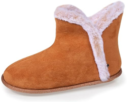 Isotoner Chaussons pantoufles Bottillons femme ultra confortables et chauds, interieur et bordure en fausse fourrure, 37, camel