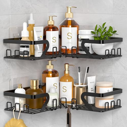 Cooeco Mensola Doccia Senza Foratura - 2 Pezzi Mensole Adesive Bagno Con Ganci,Nero Organizer Bagno