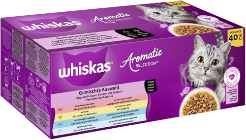 WHISKAS Aromatic Selection Multipack Katzennassfutter 1+, 40x85g - 4 Geschmacksrichtungen: Schwein, Huhn, Lachs, Meeresfisch in Sauce