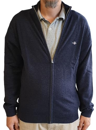 GANT Extrafin lammull dragkedja cardigan, Mörk marinblå melerad, L