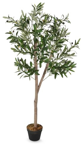 Olivträd konstgjord växt i svart kruka med 32 oliver – 150 x 70 cm – konstträd i blomkruka med 928 blad – konst oljeträd, krukväxt, dekorativt träd, konstträd, inomhusväxt som äkta