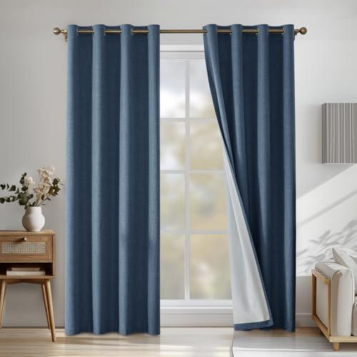 CYCMACO 100% Cortinas Opacas 2 Piezas, 140x245cm, Cortina Opaca Termica Aislante, Lino Cortinas Acusticas Antiruido, Cortina Salon Modernas con Ojales, para Habitacion Comedor, Azul Oscuro