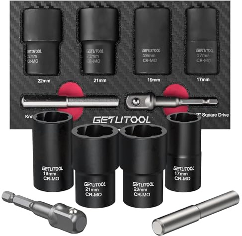 GETLITOOL Set 4pz 1/2 Dado Remover Estrattori per Dadi e Bulloni Danneggiati con Asta per Trapano e Barra di Pressione, Corredo di Bussole 17-22mm per Rimozione Viti Rotte per Riparazione DIY