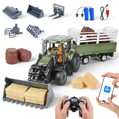 Zoelele Trattore Telecomandato per Bambini, RC Trattore Telecomandato con Rimorchio, 2.4GHz Telecomando & App, 5x Fronte del Veicolo, Cavallo, Botte di Vino, Pagliaio, Giocattolo per Bambini da 3 Anni