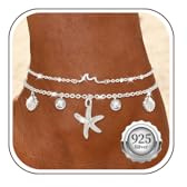 Nelytiya 925 Sterling Silver Ankle Bracelets For Women Starfish Anklets | Waterproof,Layered,Summer,Beach,Non-Tarnish,Hypoallergenic,Adjustable,Present