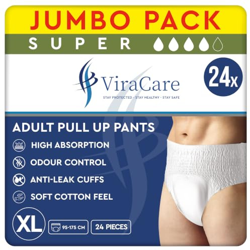 24 x Super Incontinence Pants Women and Men, Adult Nappies | High Absorption, Anti-Leakage, Soft-Stretch Waistband, Breathable, Discreet, Adult Diapers, X-Large Size (2 Packs of 12)