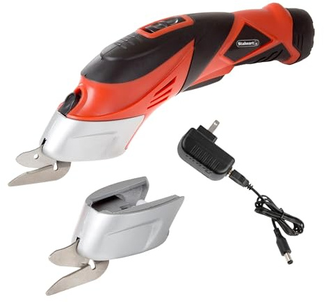 Cordless Electric Scissors with Two Blades - Fabric, Leather, Carpet, Cardboard and Box Cutter - 3.6V Lithium-Ion Rechargeable Battery by Stalwart (Red)
