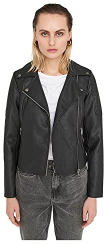 Noisy may Damen Kunstleder Jacke Biker Jacket Übergangsjacke Langarm Shacket PU Coated NMREBEL, Farben:Schwarz-2, Größe:S