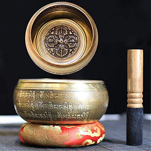 Gandhanra tibetansk sjungskål set, snidad med korsad Vajra och Mentra från Om Mane Padme Hum, för ljudläkning, meditation, yoga, avkoppling, chakra-balans, handgjord i Nepal (12,5 cm)