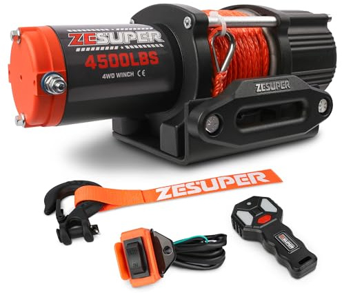 ZESUPER Treuil électrique étanche IP67 de 2 041,2 kg avec télécommande sans fil synthétique Hawse Fairlead portable à distance ATV UTV Treuil électrique 12 V