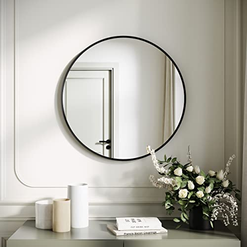 SONNI Rund Wandspiegel 60cm, Schwarz Aluminiumrahmen Wandmontage Schminkspiegel mit HD-Glas Moderner Kreisspiegel für Badezimmer, Wohnzimmer