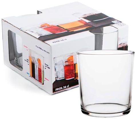 ACAN Tradineur - Caja de 4 vasos Modelo Pinta - Capacidad de 360 ML - Fabricado en Vidrio Resistente - Apto para lavavajillas - Tamaño aprox: diámetro 8,5 x 9 cm - 4 Uds Total