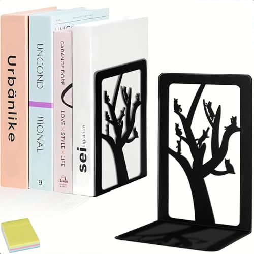 Qualsen 2 Pieces(1 Pair) Book Ends, Tree and Cat Bookends, Book Ends for Shelves, Duty Metal Bookend, Book Stopper for Home Office Desk, Back to School Supplies (Black)