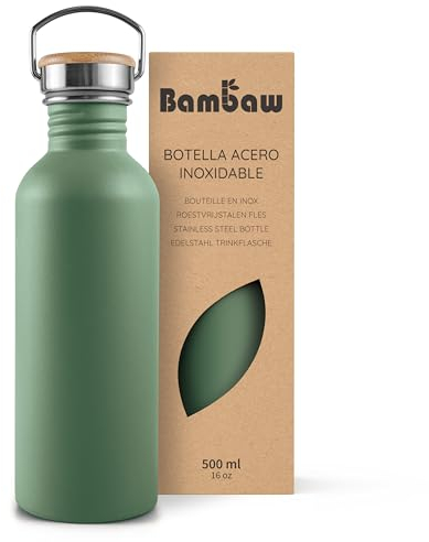 Bambaw Bouteille d'eau en acier inoxydable - 500 ml - Vert - Non isolée - Pour le sport - Pour enfants - Sans BPA - Vert sauge