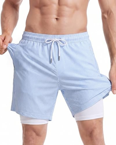 maamgic Uomo Costume da Bagno Corto 2-in-1 Compressione Pantaloncini da Surf 7 Pollici Interni Asciugatura Rapida Shorts con Tasche Strisce Verticali Blu Chiaro e Bianco S
