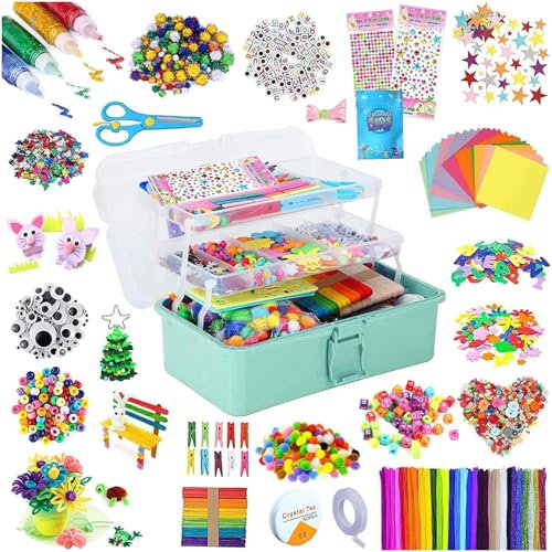 zycBernoi Bastelset Kinder, 3000+Pcs Bastelset für Kinder Bastelbox Bastelmaterial Set, Bastelkoffer Gehören Pompons,Pfeifenreiniger für Mädchen Jungen 4 5 6 7 8 Jahre Geschenk