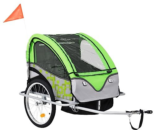 AUVYI Fahrradanhänger Kinderanhänger Lastenanhänger Jogger Fahrrad 2 in 1 Joggerfunktion mit 5-Punkt Sicherheitsgurt für 1 Bis 2 Kinder Geeignet Robuste und Langlebige Grün und Grau 113x85x105 cm
