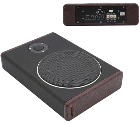 RUETERY Subwoofer para coche, 8 pulgadas, 600 W, ultrafino, para coche, audio, se puede montar debajo del asiento del pasajero, con funda protectora de cuerno de acero inoxidable, color negro