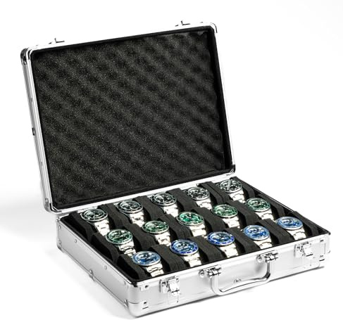 Aukura - Estuche organizador de relojes de 15 ranuras, funda rígida de almacenamiento de aluminio plateado, funda de viaje acolchada para exposición y organización de relojes
