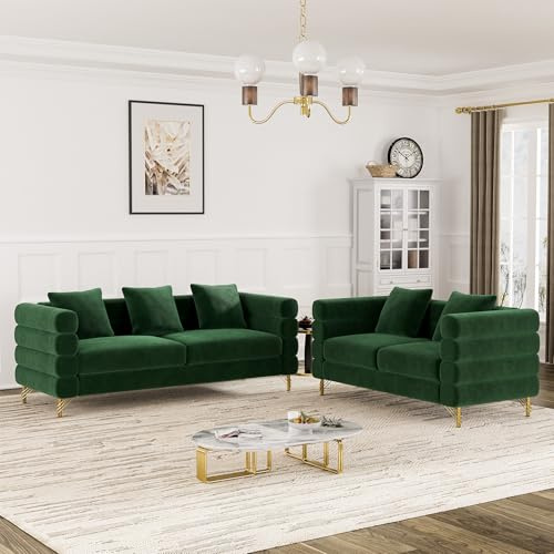 OUYESSIR Living Room Sofa Couch and Loveseat Set, Modern Comfy Velvet Deep Seat Cloud Couch with 5 Pillows, Oversized Sofa Furniture Sets for Living Room Bedroom, Emerald Green Velvet