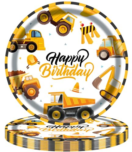 POPOYU 16Pcs Digger Party Plates,9inch Construction Themed Paper Plate for Kids,Happy Birthday Decorations for Boys,Digger Party Supplies for 16 Guests
