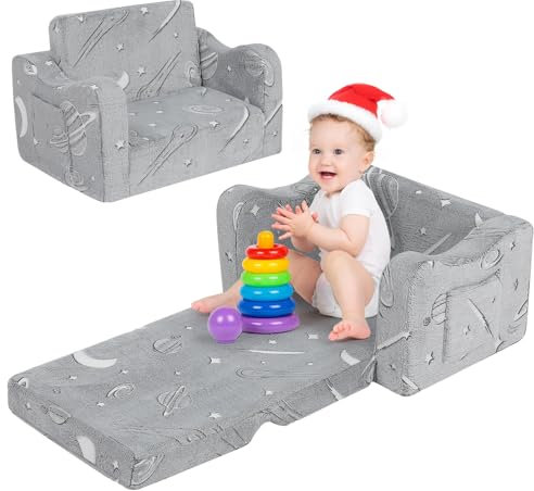 Kidirect Kindersofa Ausklappbar 2 in 1, Kinder Sofa Kinderzimmer aus Samt mit Schaumstoff, Kindercouch Kindersofa mit 8CM dicken Armlehnen, Sofa Kinder für Kuschelecke Kinderzimmer, Grau Sternenflug
