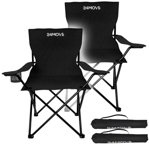 24MOVE® Faltstuhl schwarz 2er Set Campingstuhl Anglerstuhl mit Getränkehalter - Anglersessel klappbar - Klappstuhl Gartenstuhl Faltstuhl Relaxsessel Campingsessel faltbar, Polyester, draußen drinnen