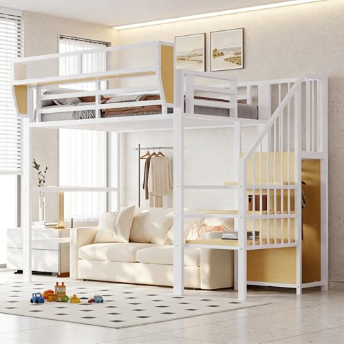 Wyibwy Letto a soppalco 140x200 cm in struttura metallo,letto a castello matrimoniale 140x200 con scaletta di sicurezza e vano contenitore flessibile,letto per bambini,senza materasso,Bianco
