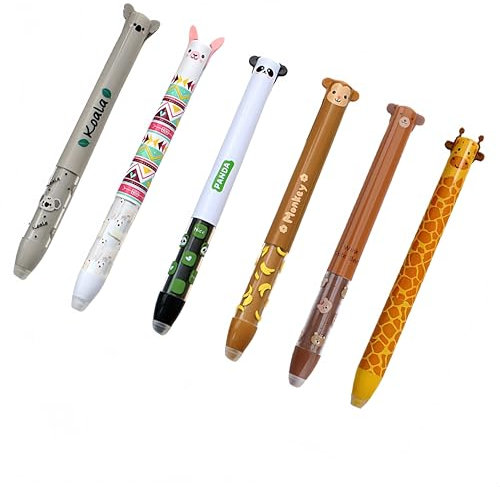 Niedliche Tiermotive Radierbarer Gelstift Set, 6 Stück, Doppelspitze, Giraffe Affe Bär Panda Lama Koala Design, 0.7mm