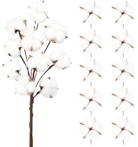 Larber 20 Pezzi Fiori di Cotone Secchi Set 10 Pezzi Fiori di Cotone Secco Naturale e 10 Pezzi Testa di Fiore Essiccata in Cotone per Vaso Matrimonio di Cotone Rustico per Stelo Decorazione Fiore,42CM