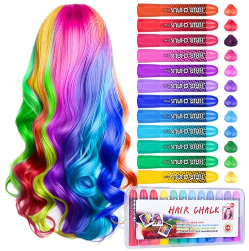 Hair Chalk Girls Gift, 12 Temporary Hair Dye Colourful Pens, Non-Toxic, Easy Washable, Birthday Christmas New Year Cosplay Party Gifts for Girls & Teens Age 4-6 7-14
