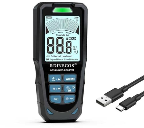 RDINSCOS Feuchtigkeitsmessgerät Zerstörungsfreie Messung, Wandfeuchtigkeitsmesser 6-in-1 Modi Feuchtigkeitsdetektor für Holz, Putz, Estrich, Beton, Weißes Display, Einstellbarer Alarm