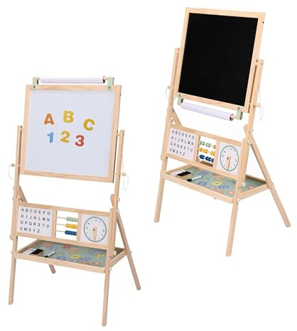Sunny Nola Staffelei für Kinder aus Holz Naturbraun | Whiteboard, Kreidetafel und Papierrolle | Magnettafel Inklusive Rechenrahmen, Uhr und Alphabettafel | Aktivitätsstaffelei | 46 x 56 x 103 cm