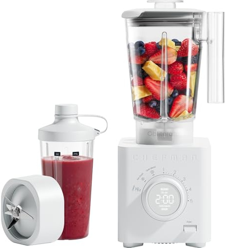 Chefman Obliterator 1.2L Standmixer für Smoothies, 1350W Motor zum Zerkleinern von Eis, Nüssen und gefrorenen Früchten mit Edelstahlklinge, Auto Blend Funktion, inkl. 600ml Reisebehälter – Betongrau