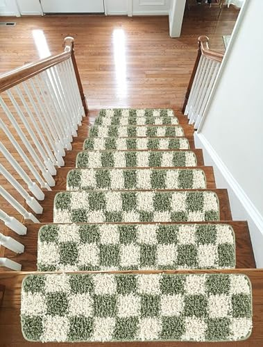 Fluffy Shaggy Non-Slip Washable Carpet Stair Treads, Self-Adhesive Stair Mats/Rugs for Kids Elders and Pets, 20x65cm, 15pc in Box (Green/Cream)