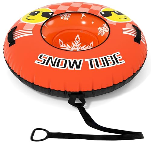 COSTWAY Aufblasbarer Schneereifen mit Schleppleine, 107 cm Snowtube, aufblasbarer Schlitten mit Griffen, Rodelreifen für Kinder und Erwachsene (Orange)