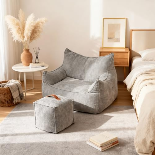 YU YUSING Pouf Poire Adulte XXL avec Repose-Pieds Intégré, Fauteuil Confortable de Lecture Gaming et Détente, pour Salon, Chambre, Polyvalent, Moderne, Velours Nuage, Petit Espace, Charge 150kg Gris