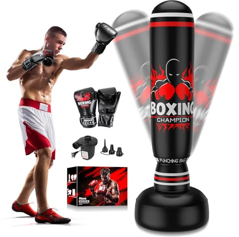 Sac de frappe debout pour adultes, sac de frappe en PVC épais de 180 cm pour débutants (hommes et femmes) – Comprend des gants de boxe et une pompe à air, pour Punch Fit, entraînement de boxe, Muay