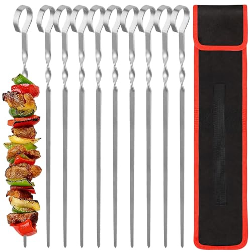 10 pinchos para barbacoa de acero inoxidable, brochetas de metal, brochetas de acero inoxidable, reutilizables, para barbacoas al aire libre y en el jardín, longitud 43 cm, perfecto para kebap, carne