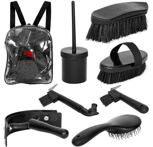 START Grooming Kit Pferdepflegeset – Komplettes Putzzeug Set für Pferde mit Bürsten, Hufkratzer und Zubehör, praktische Tragetasche für Stall und Turnier, Fellpflege für Mähne, Schweif, Hufe (Schwarz)