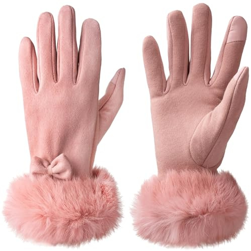 Vagasi Invierno Mujer Guantes Guantes de invierno Mujer Cuero Pantalla táctil Guantes de gamuza Guantes cálidos, resistentes al viento y elegantes, Rosa