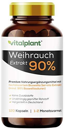 Vitalplant® Weihrauchkapseln hochdosiert im Braunglas - 600mg indisches Boswellia Serrata mit 90% Boswelliasäure in jeder Weihrauch Kapsel - 120st. Ohne Zusatzstoffe & rückstandskontrolliert
