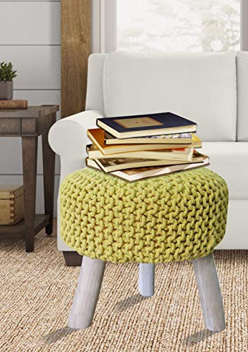 Excel Hometex Luxurious Round Nautral Hand Knit Pouf Floor Ottoman 100% Cotton Braid Cord Wooden Foot Stool (Yellow, 20 x 20 x 20)