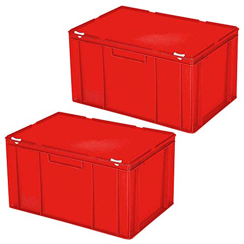 2 contenitori europei con coperchio, impilabili, per alimenti, 600 x 400 x 330 mm, 63 litri, PE-HD, rosso