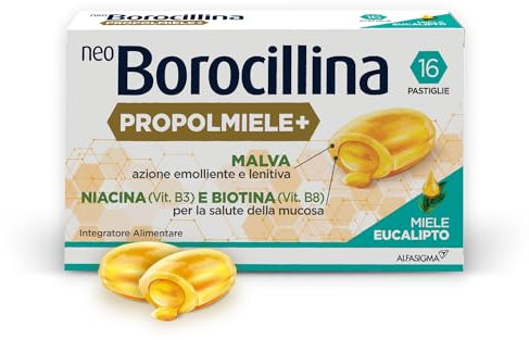 NEO BOROCILLINA Propolmiele+, Integratore Alimentare per il Benessere della Gola, 16 Pastiglie, Gusto Eucalipto e Miele