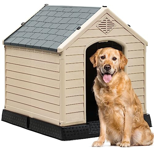 YITAHOME 41'' Large Plastic Dog House Outdoor Indoor Doghouse Puppy Shelter Water Resistant Easy Assembly Sturdy Dog Kennel with Air Vents and Elevated Floor (41''L*38''W*39''H, Gray+Brown)